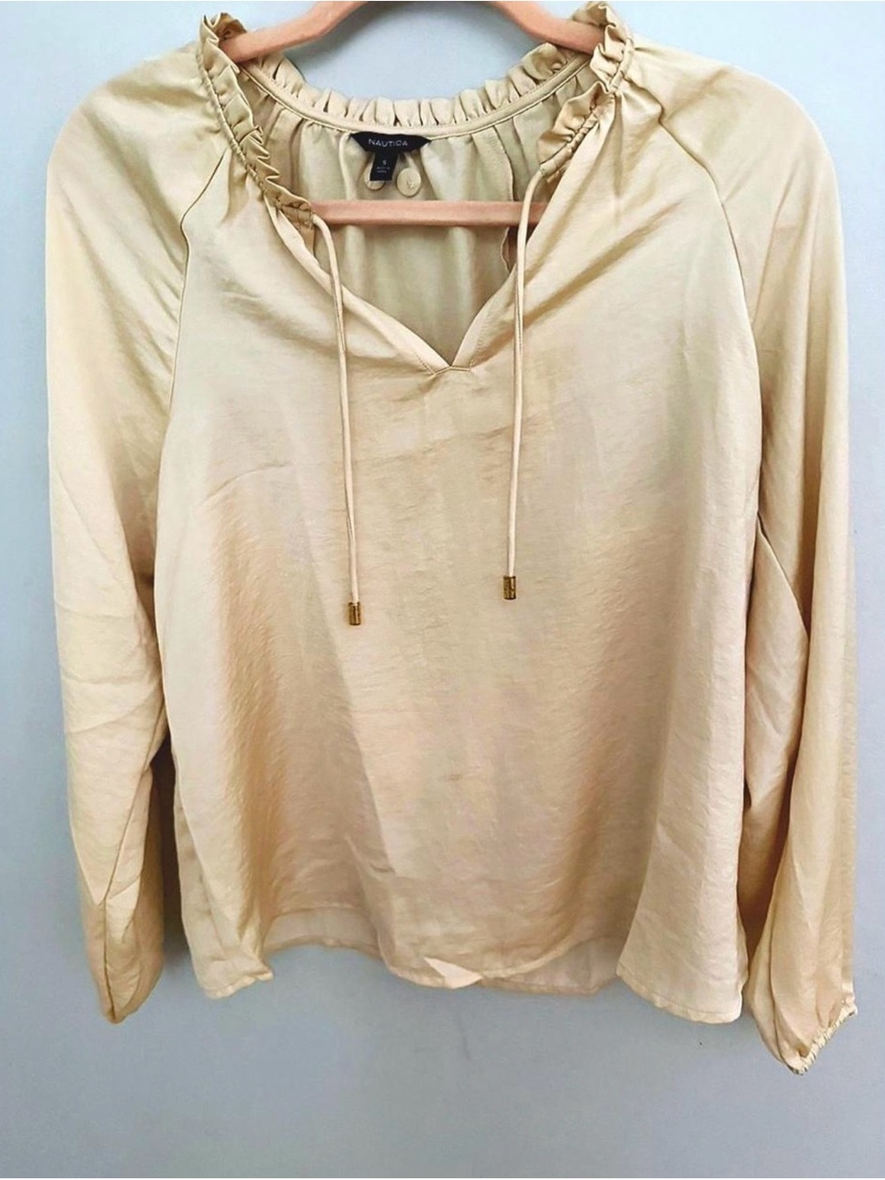 Nautica Light Cream Ruffled Drawstring Neck Long-Sleeve Blouse